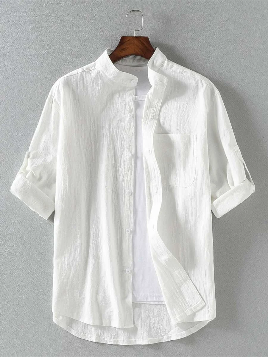 

New Summer Thin White Linen Short Sleeve Men's Loose Fit Shirt Trendy Korean Style Handsome Pure Color Casual Shirt