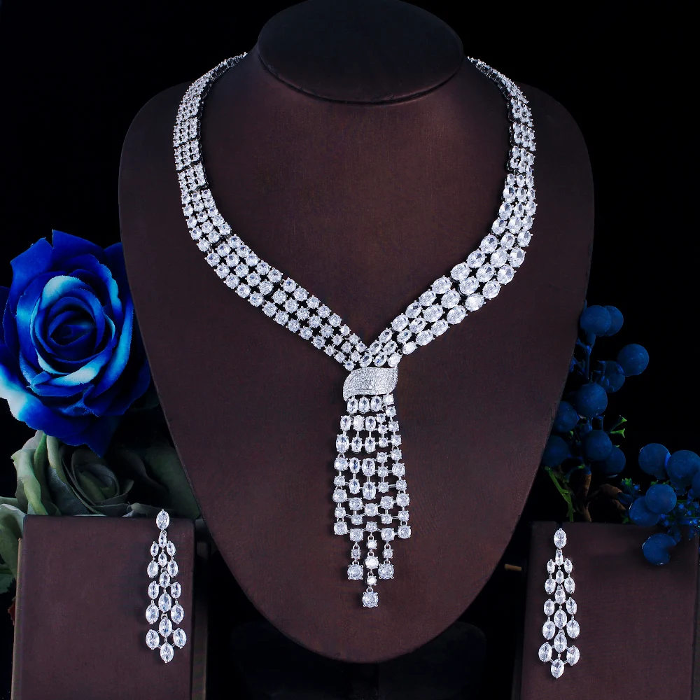 ThreeGraces Luxurious Shiny Zircon Long Tassel Drop Necklace and Earrings Bridal Wedding Party Jewelry Set for Women T1030