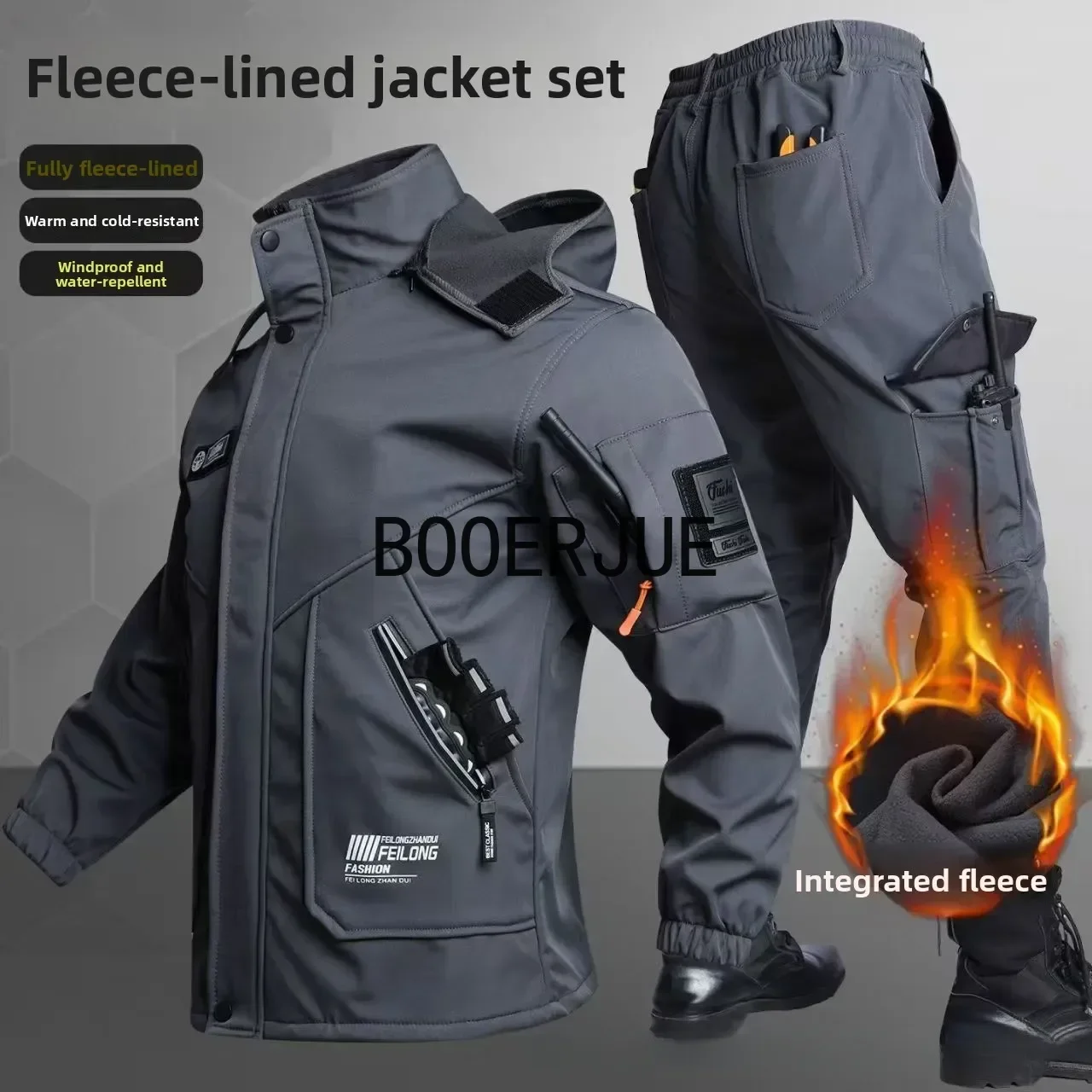 Thickened Fleece Autumn Winter Outdoor Climbing Clothes Set Men's Casual Wear Resistant Windproof Waterproof Workwear Jacket