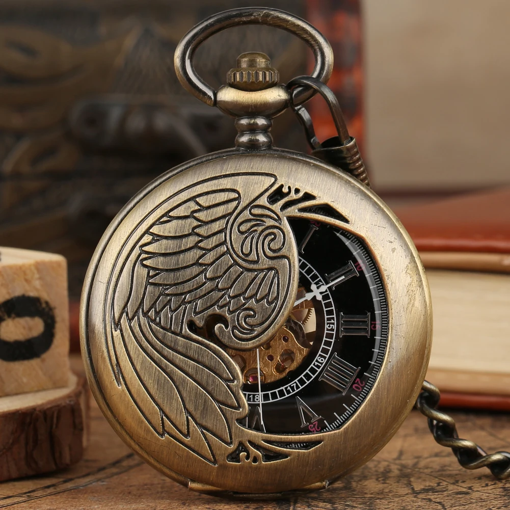 

Steampunk Pocket Watch Mechanical Hand Winding Pendant Clock Fob Chain Half Hunter Wings Design Luxury Vintage Gifts Male