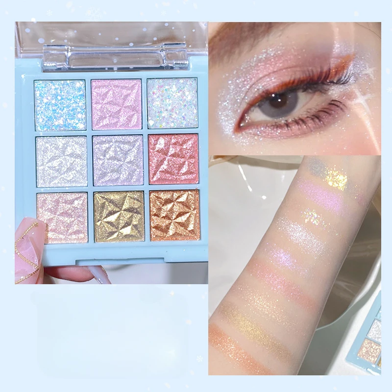 เกล็ดหิมะอายแชโดว์เก้าสี Pearl Fine Glitter Contour Eyes Makeup Palette แชมเปญ Gold Compact Eyeshadow Palette