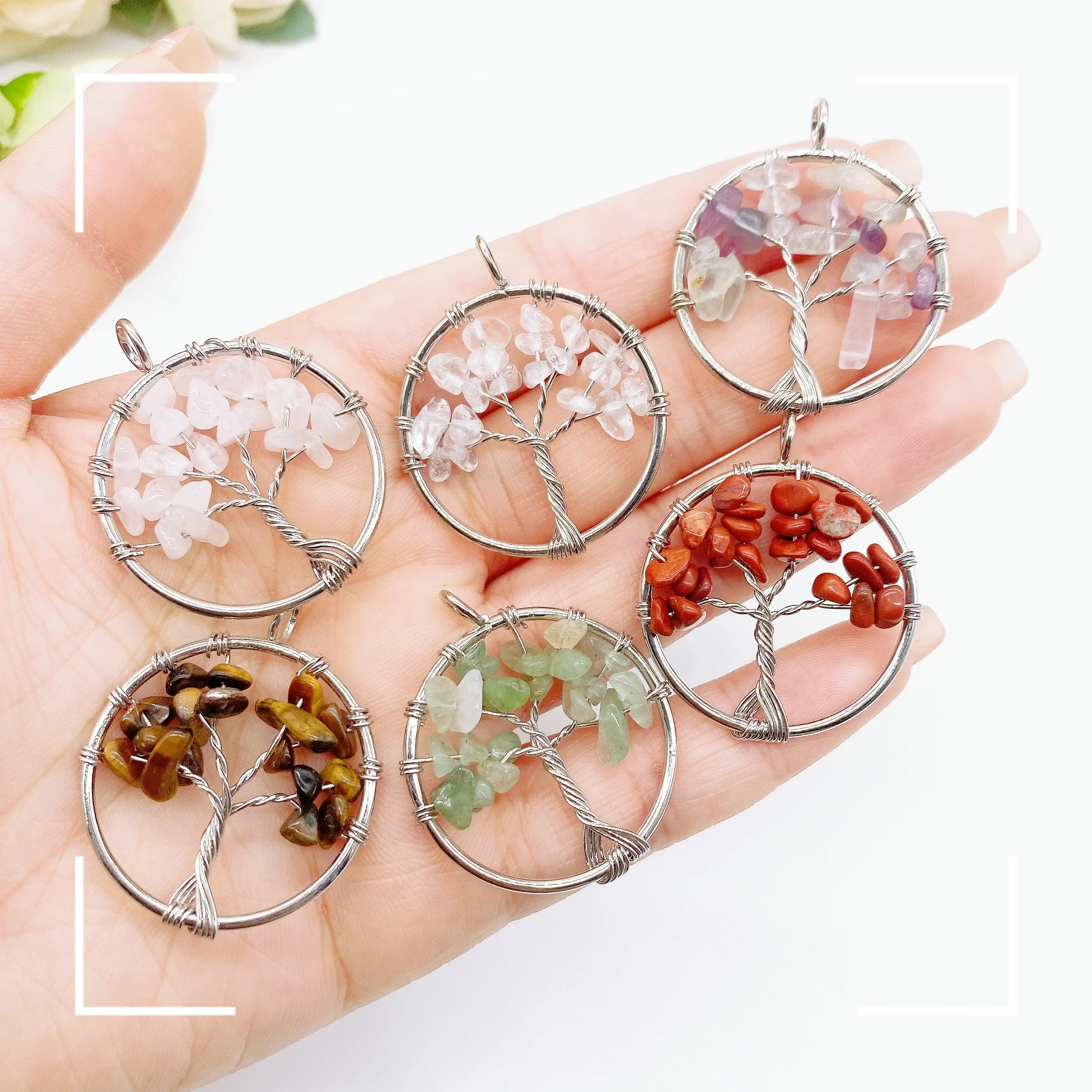 

1PCS Natural Red Jasper Rose Quartz Stone Handmade Wire Wrapped Tree Of Life Pendants For Jewelry Make Key Decoration Gift