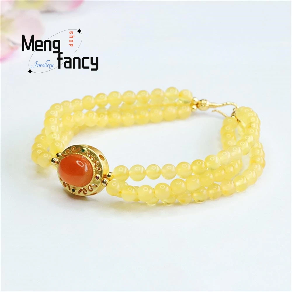 Natural Amber Strings Gold Perforated Three-ring Bracelet Salt Source Simple Agate Elegant High-grade Hand Luxury Jewelry Female