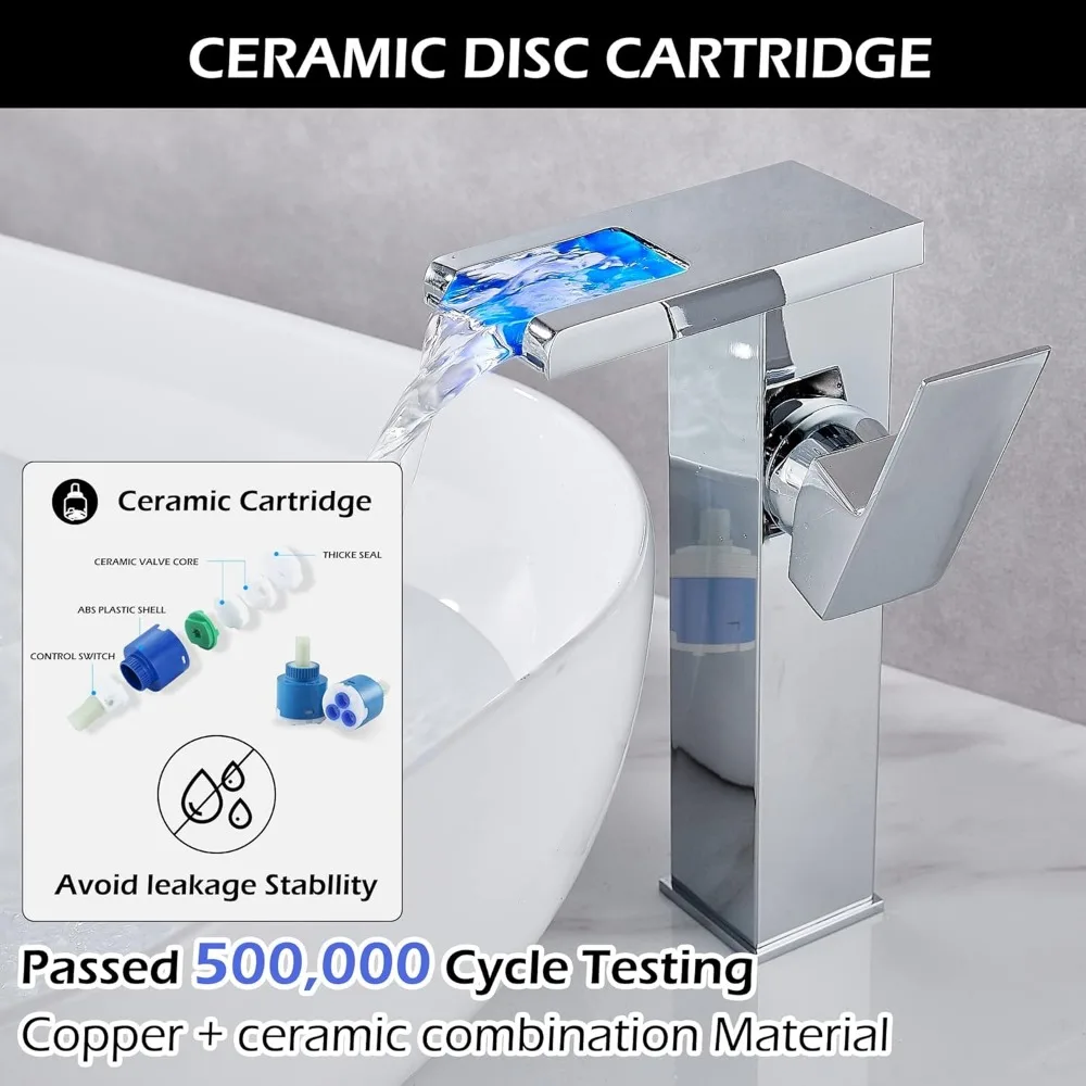 Chrome Waterfall Vessel Sink Faucet with One Hole Handle, Pop-Up Drain, No Overflow, Basin Supply Line Included, Long Tail Keywo