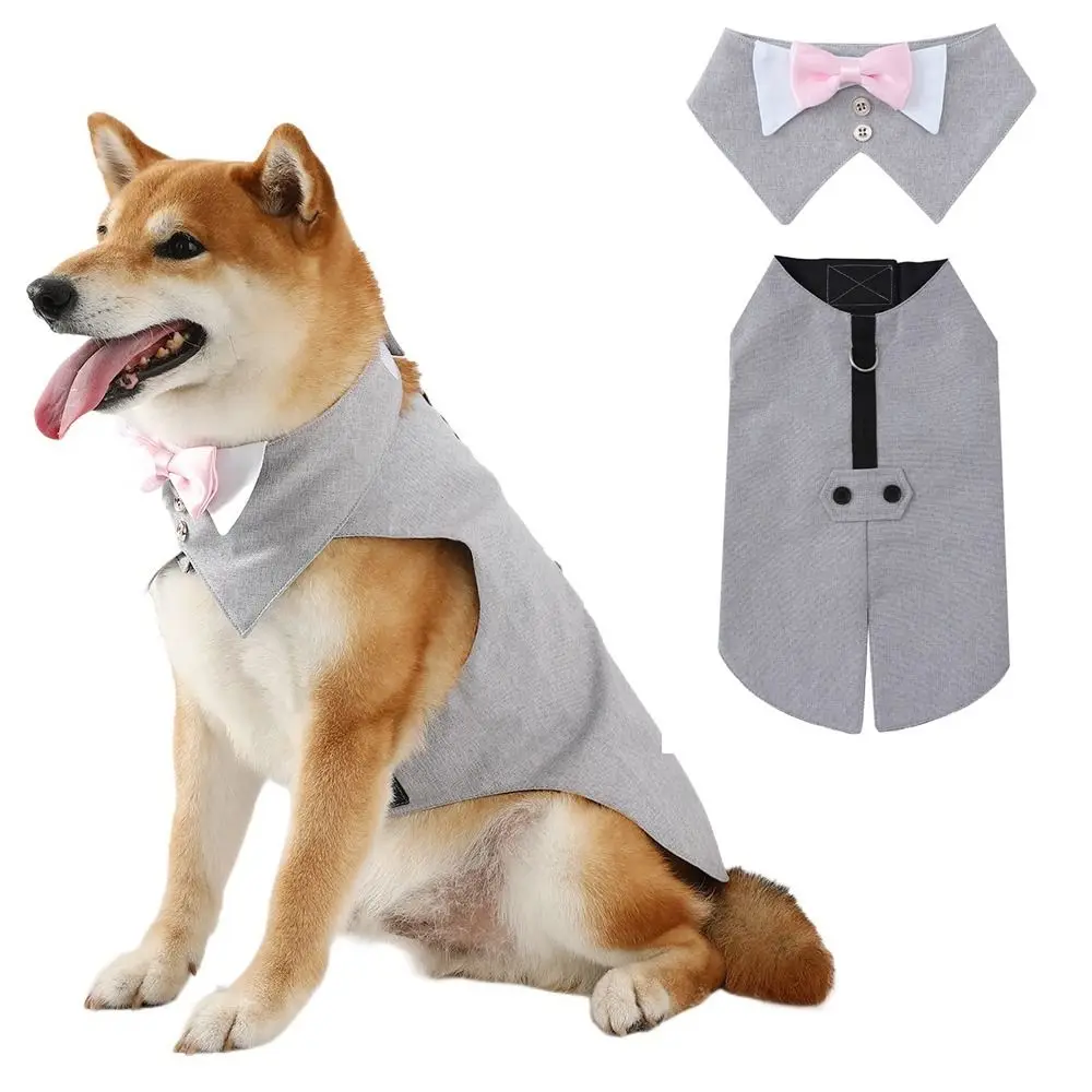 Durable Linen Pet Swallowtail Adjustable with Bow Tie Dog Clothes Four-Color Pet Formal Suit for Small Dogs