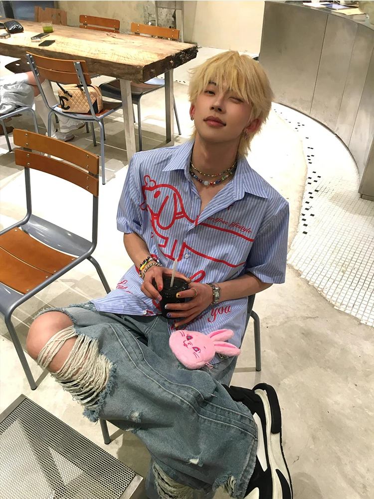 

American Sle Sausage Dog Print Blue Striped Summer Casual Loose Fit irt Coat for Men And Women Vaion Wear