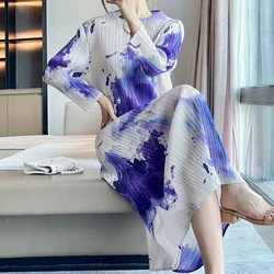 Wrinkle 2024 Autumn New Ink Abstract Print Retro Dress Women's Slim Long Dress  dress for women