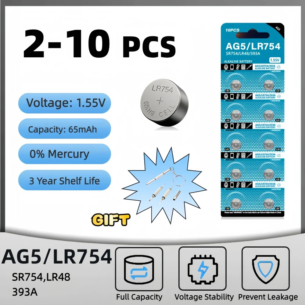 2-10PCS 1.55V AG5 LR754 Button Batteries 193 393 SR754 Round Cell Coin Alkaline Battery L754 SR754SW LR48 For Watch Toys Clock