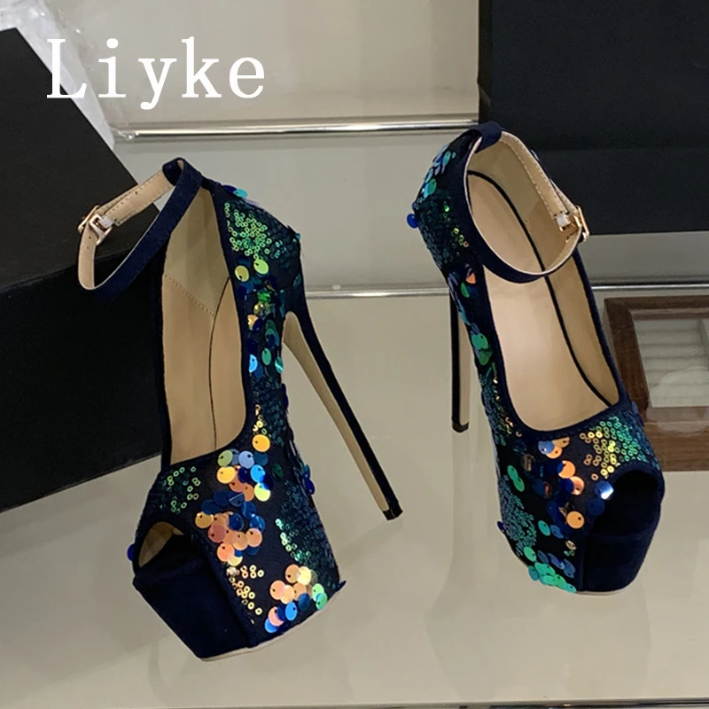 

Liyke Elegant Woman Party Wedding Banquet Shoes Fashion Mixed Colors Sequined Platform Pumps Women Sexy Peep Toe Stripper Heels