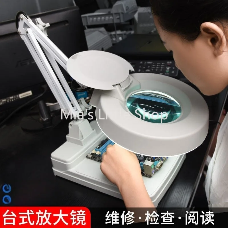 Hands Free Magnifying Glass with Light LED Desktop Foldable Workbench Lamp Adjustable Swing Arm for Repair