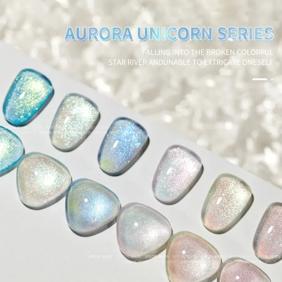 Auroraユニコーンネイルパウダー,白いビーズ,超軽量,キラキラ,6個,15ml