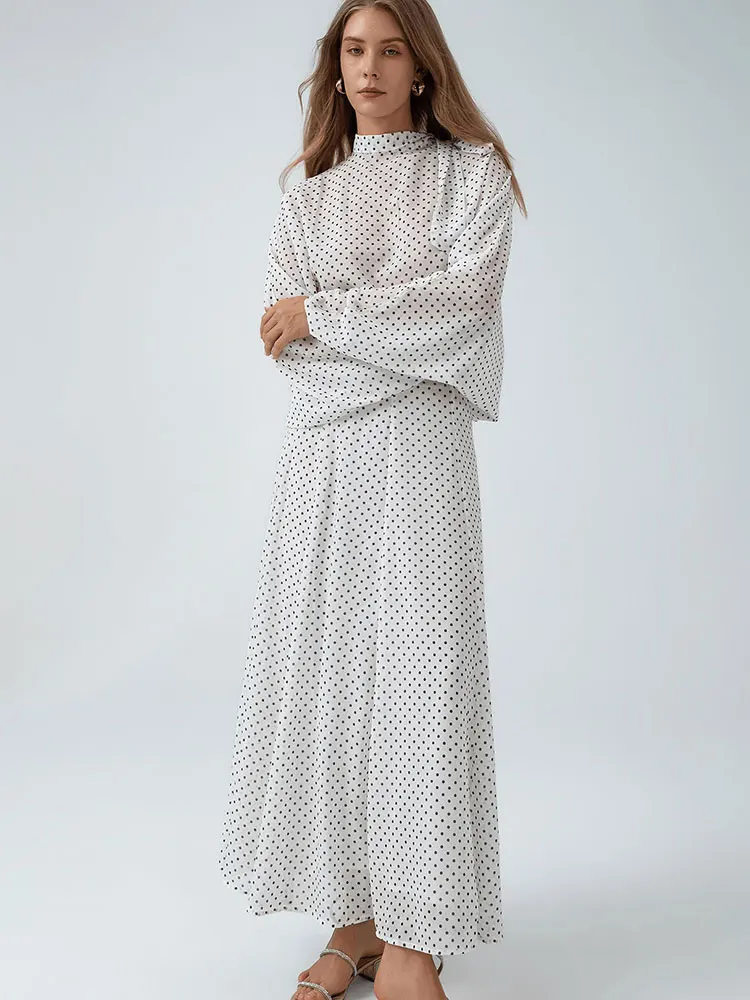 HH Vintage Womens Polka Dot Suit Bubble Sleeve Shirt Zipper Long Skirt Casual Summer Party Fashion Beach Vacation 2 Piece Set