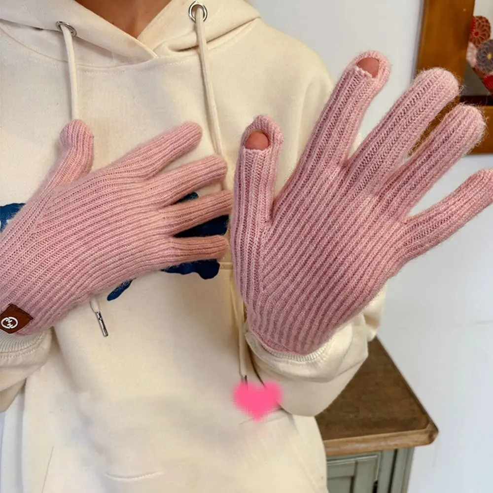 Guantes de invierno de Cachemira de encaje, guantes cálidos tejidos de lana a prueba de viento con dedos abiertos, guantes para bicicleta eléctrica con pantalla táctil Multicolor para mujer