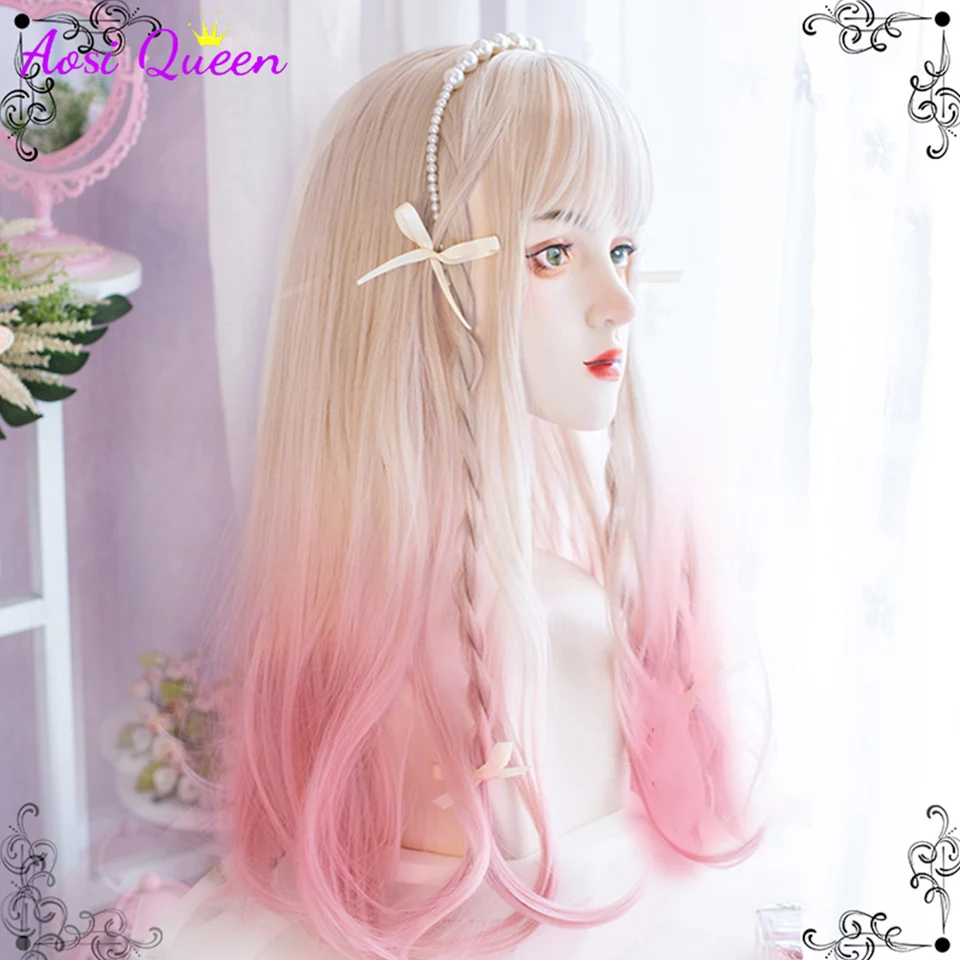 AS Long Straight White Hair Pink Synthetic Lolita Wigs with  display picture 1