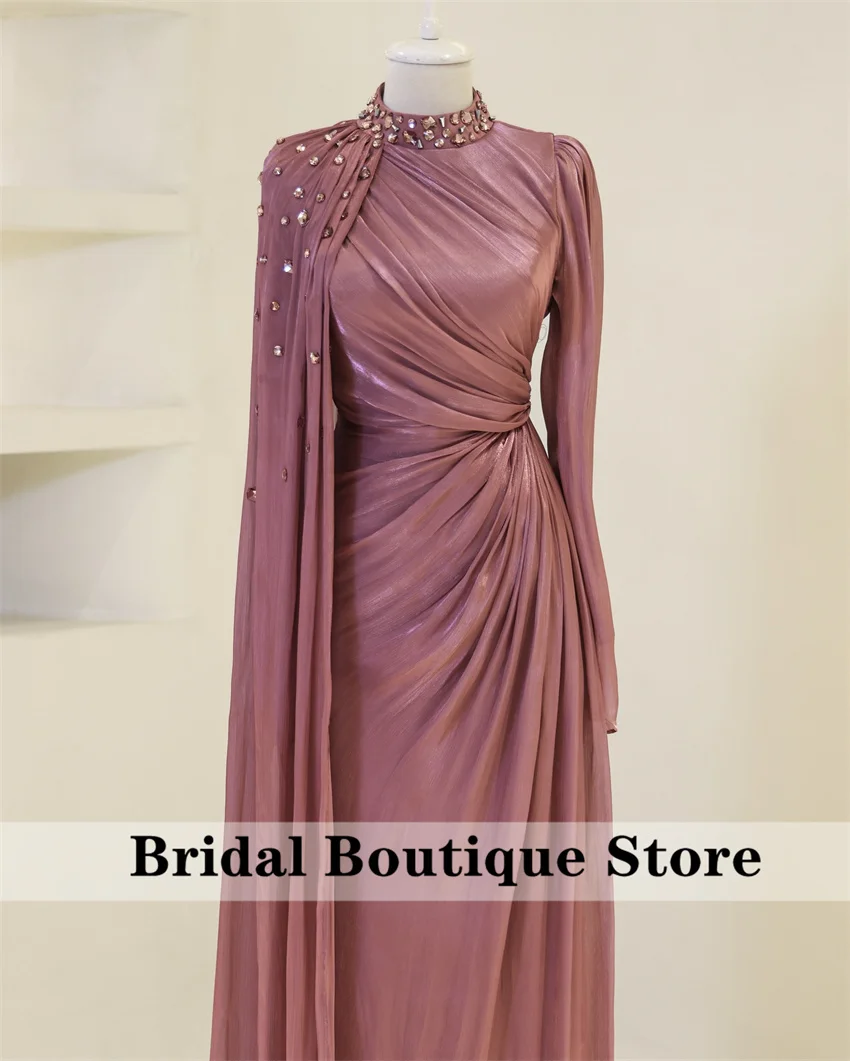 

Luxury Saudi Evening Dresses 2025 With Cape High-Neck Long Sleeves Pleats Muslim Wedding Party Dress Prom Gown Customized