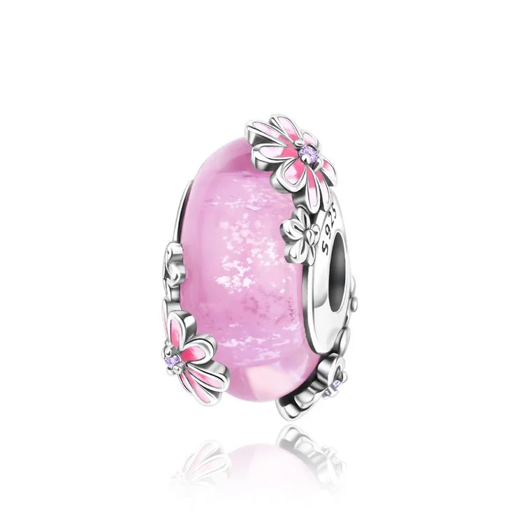 Klassischer 925 Sterling Silber Farbiger Blumen-Blatt-Kosmos-Regenbogen Murano-Glas Charm-Anhänger für DIY-Armbänder Damenschmuck Geschenk