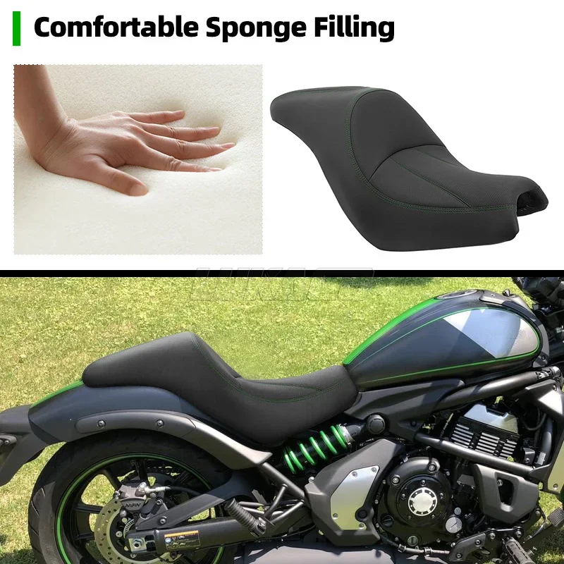 Motorcycle Driver Passenger Double Seat Cushion Green Stitch Saddle Accessory For Kawasaki Vulcan S 650 VN650 EN650 2015-2023