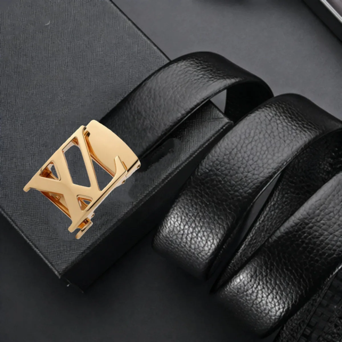 

Men's multi-color light luxury business adjustable double X letter metal automatic buckle lychee pattern belt, a versatile belt