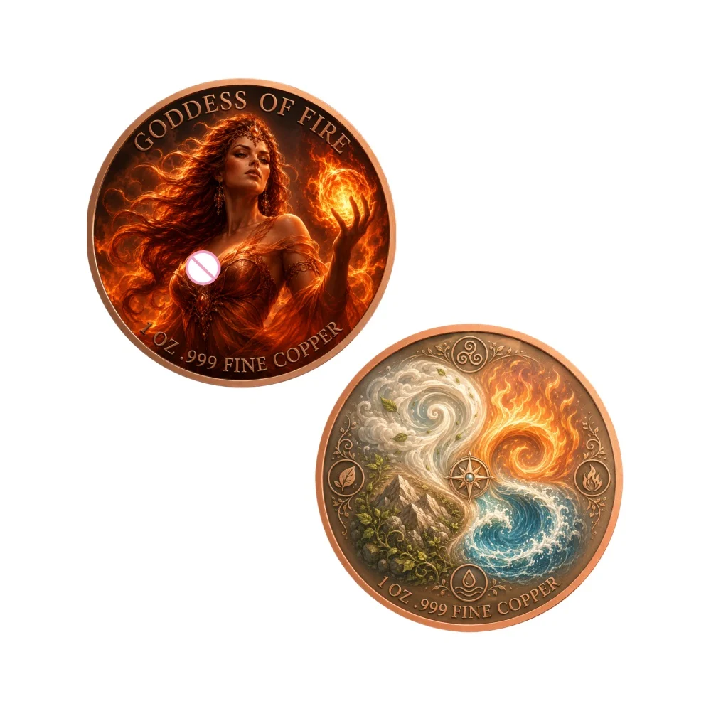 Four Elements Goddess 1oz .999 Fine Copper Commemorative Coin Water Earth Fire Wind Colorful Printed Coin Collectible Gift