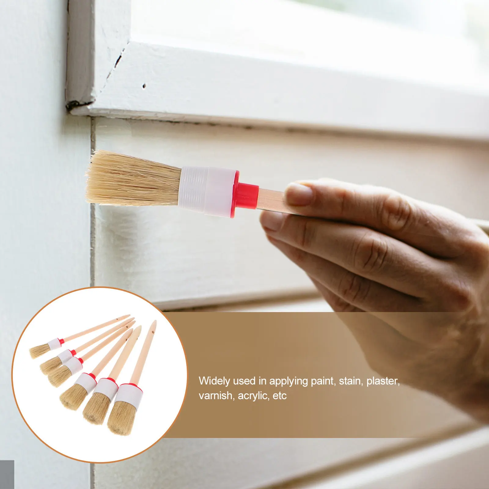 6Pcs Wooden Handle Paint Brushes Set Bristle Brush Kit for House Cleaning Furniture Renovation Car Detailing Stain Varnish