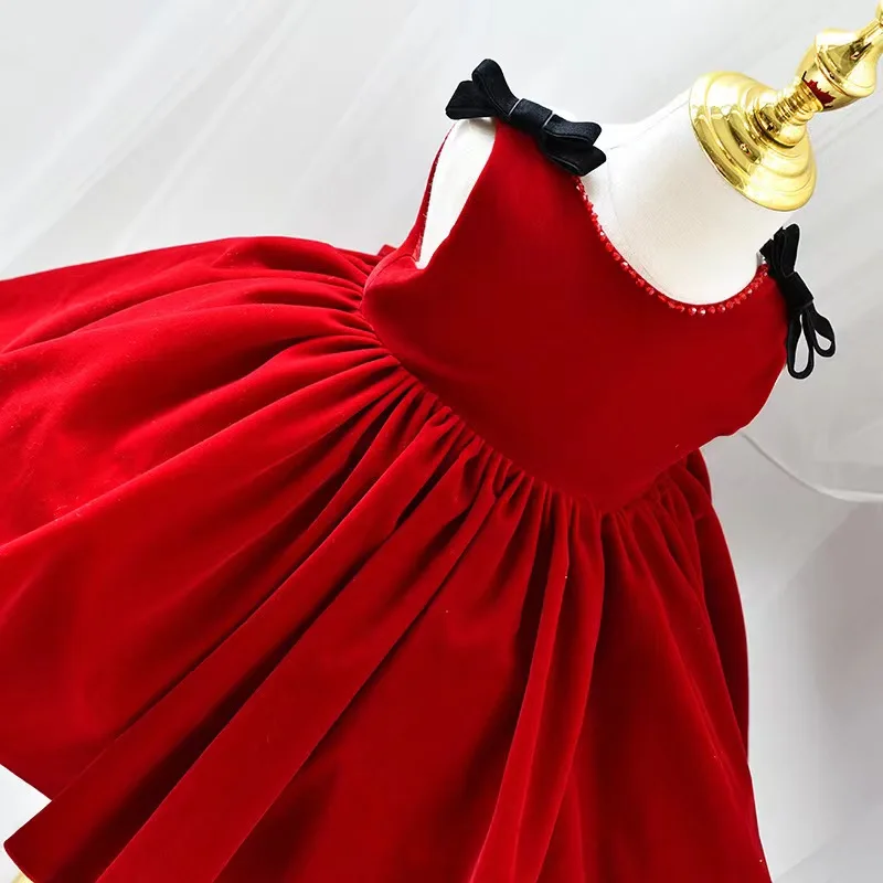 Women's Red Velvet Tutu Dress Princess Birthday Cake Topper Flower Girl Piano Performance One-Year Celebration Dress
