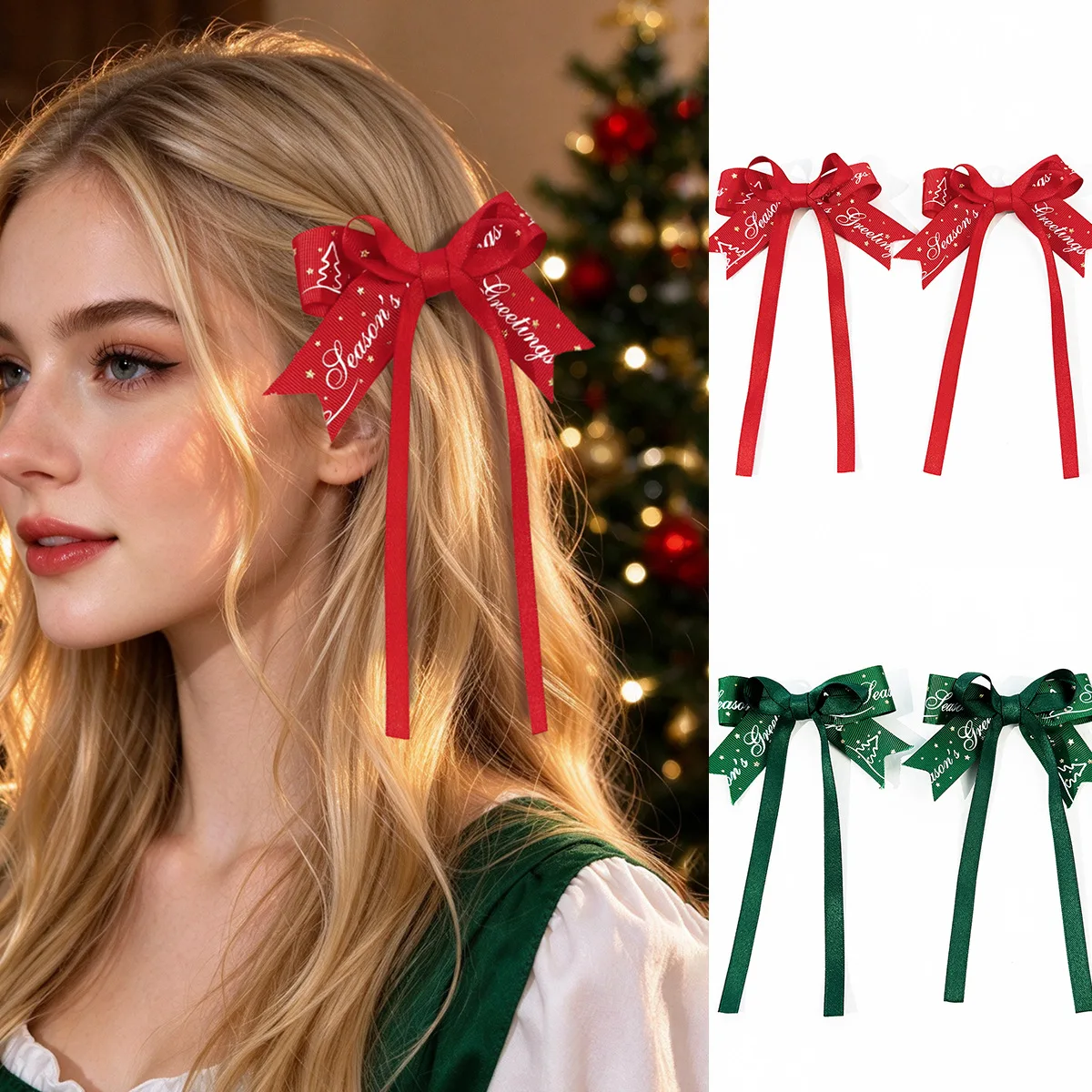 36pc Women's Girls Green Red Ribbon Hairpins with Long Tassel Ponytail Clips Hairgrips Christmas Themed Hair Accessories Bulk