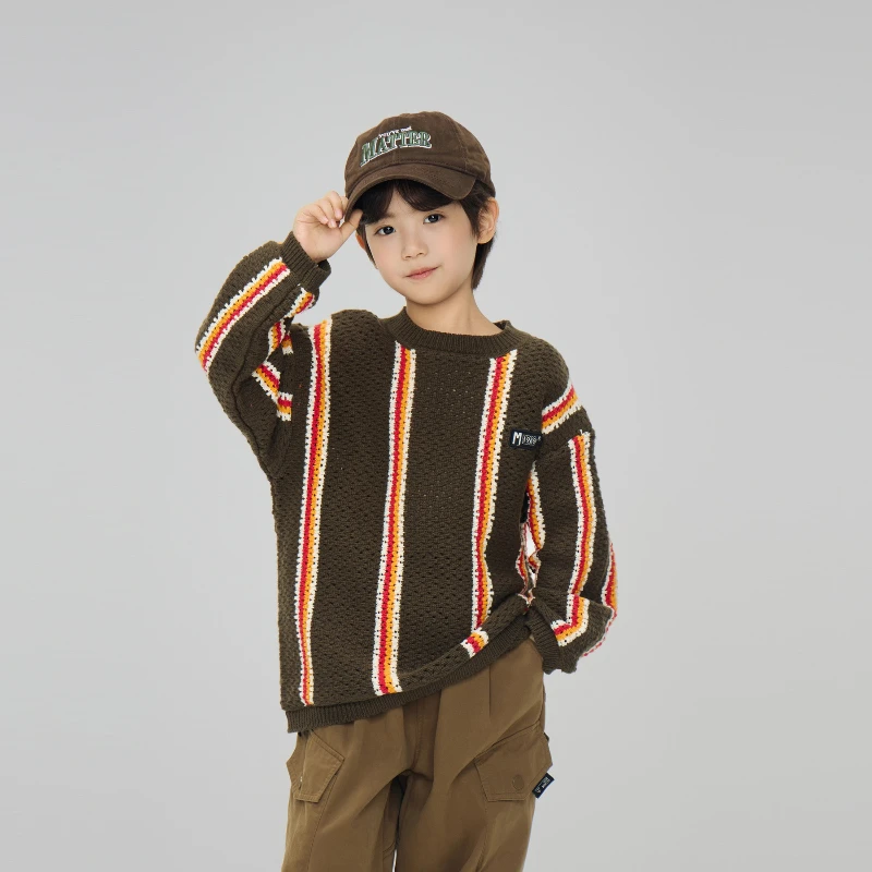 

2025 Autumn/Winter New Children's Stylish Contrasting Striped Round Neck Jacquard Knitted Warm Sweater