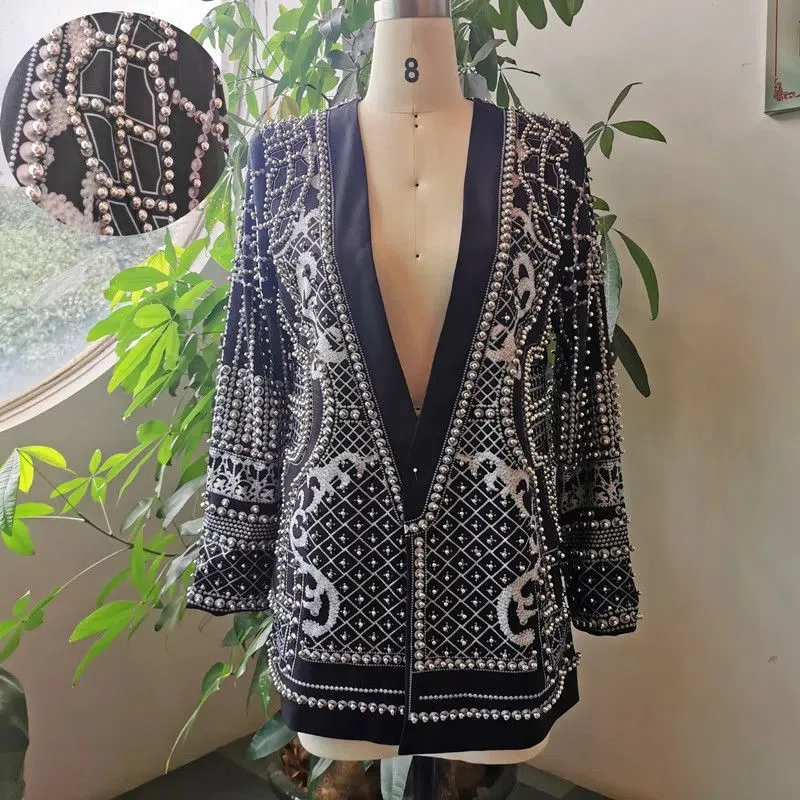 2025 French Retro V-Neck Long Sleeve Thickened Mid-Length Beaded Print Embellished Blazer Outerwear for Women