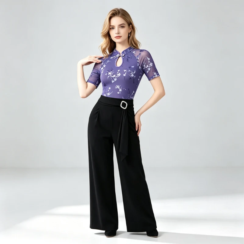 elegant-ballroom-dance-shirt-purple-floral-mesh-short-sleeve-top-frog-button-keyhole-neck-slim-fit-elastic-fabric-for-dance