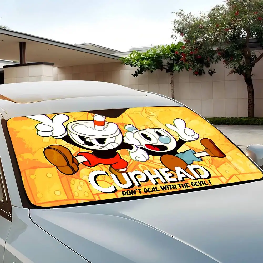 Funny C-Cuphead Cartoon Novelty Car Front Windshield Sunshade 70x130cm Cartoon Foils Car Window Windscreen Cover view 3