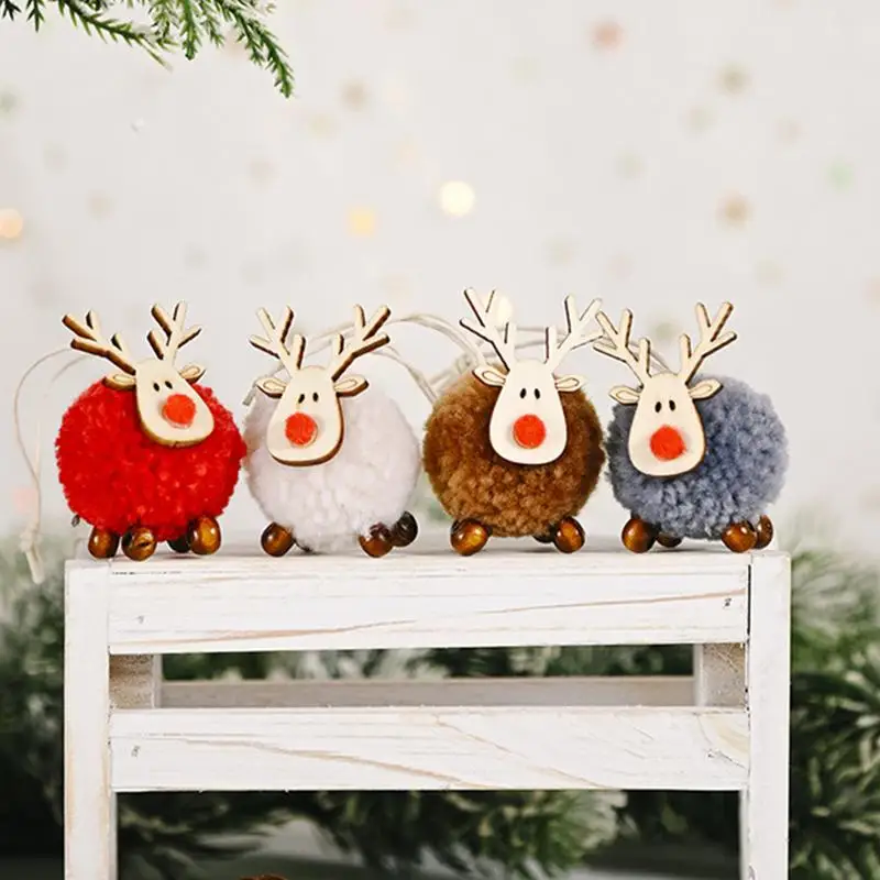 Deer Ornaments For Christmas Tree Soft Reindeer Plush Doll Christmas Antler Pendant Wooden Animal Ornaments Deer Christmas Decor