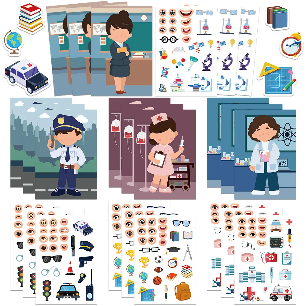 8/16/32Sheets Professional Teacher Nurse Policeman DIY Make A Face Puzzle Stickers Dress Up Game Face Funny Assemble Stickers