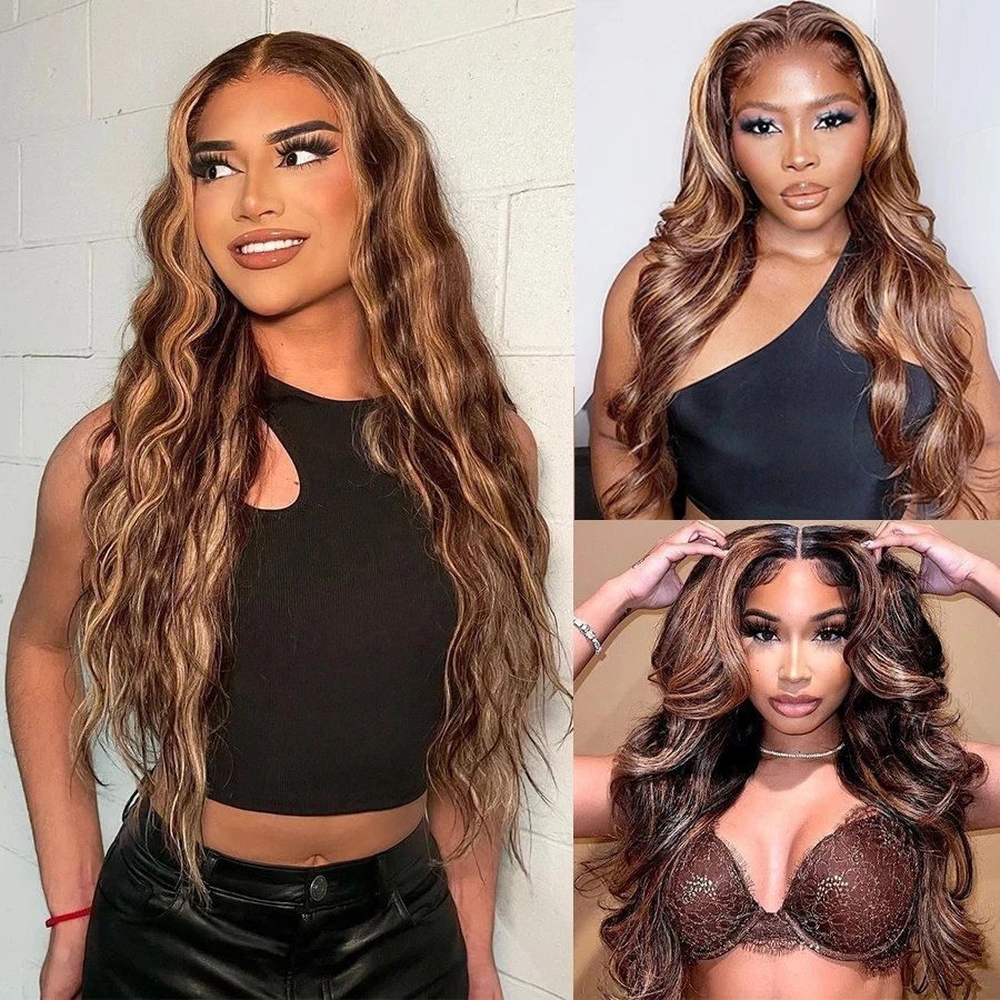 200 Density 4/27 Highlight Ombre 13x6 Lace Frontal Wig Body Wave Human Hair 13x4 Lace Front Wigs 28 30 32 34Inch Brazilian Brown