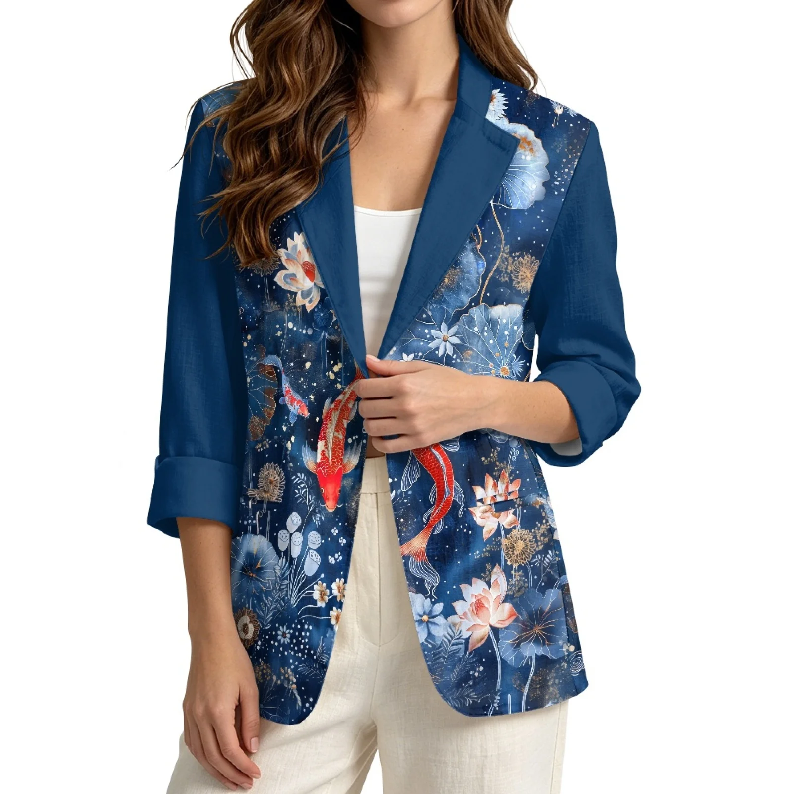 PENSTROLL Koi Fish Lotus Business Jacket, Linen Style Light Cover up Cardigan Sizes S-3XL for Women Beach and Office Wear
