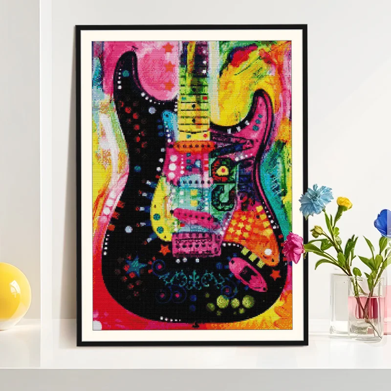 Cross stitch colorful guitar art painting, living room bedroom DIY embroidery decorative hanging painting