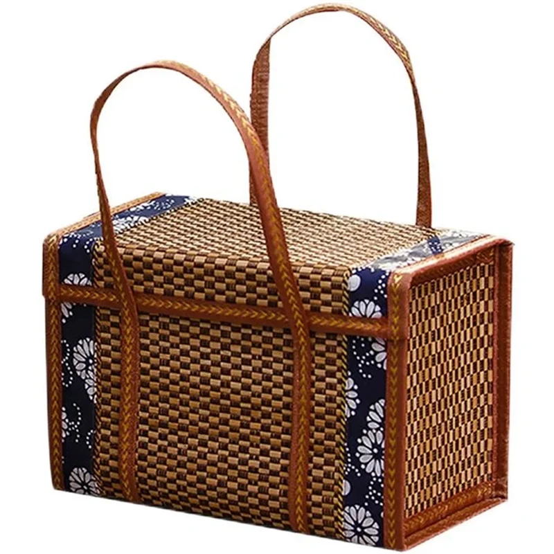 AT77 Picnic Woven Basket Wicker Storage Bag Handle Folded Fruit Shopping Food Handle Rattan Grass Foldable Bamboo Basket