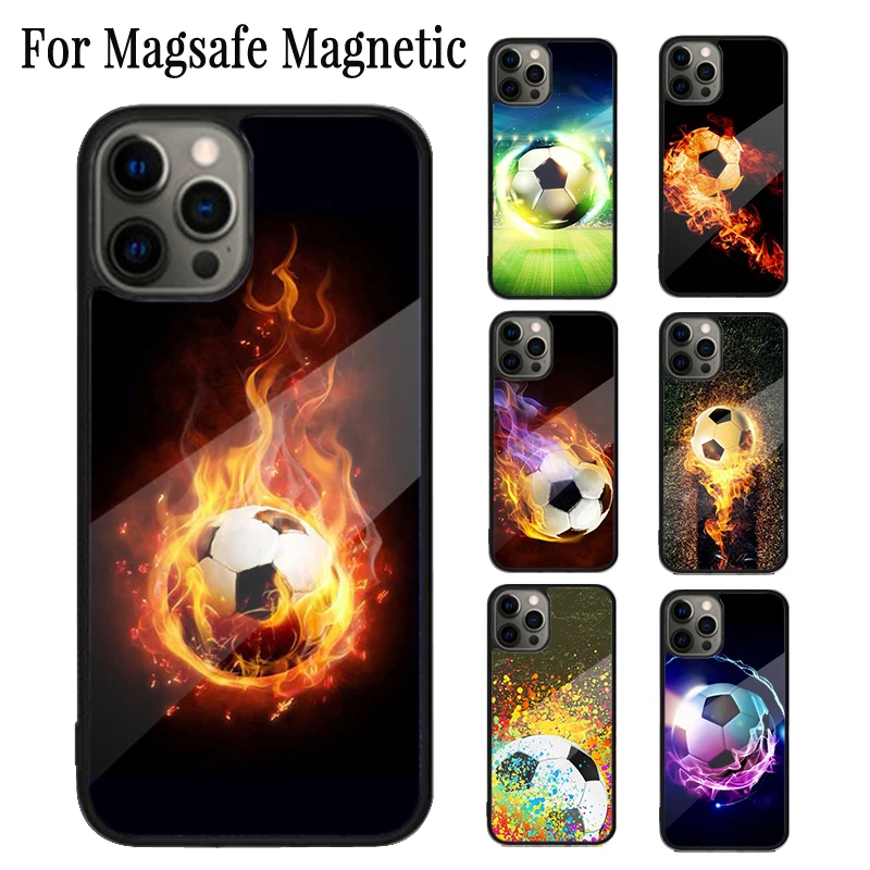 Fire Football Magnetic Phone Case Coque For iPhone 16 15 14 Plus 13 12 Mini 11 Pro Max Magsafe Wireless Charging Cover