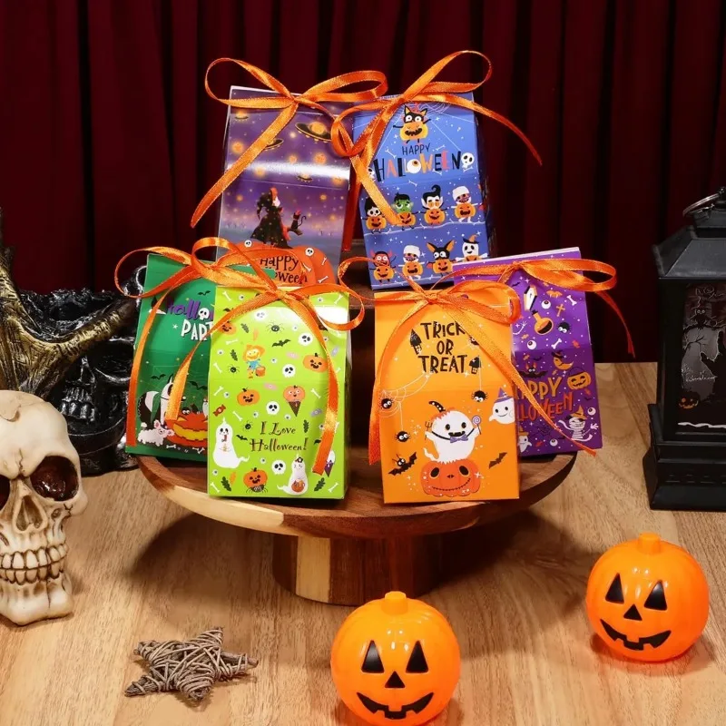 Halloween Candy Gift Boxes with Ribbon Pumpkin Ghost Witch Pattern Mini House Paper Treat Boxes Kids Party Snack Packaging Box