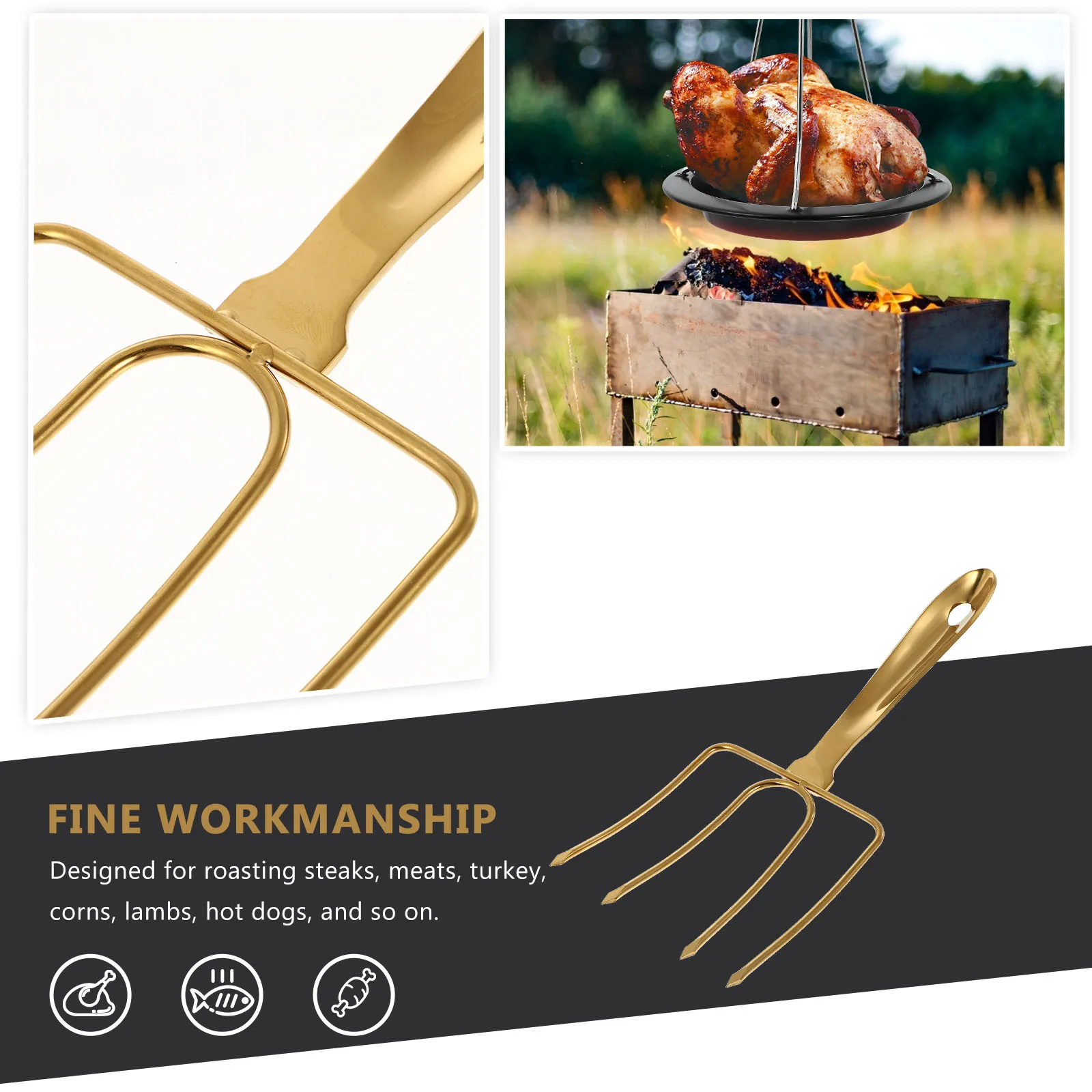 

1pc Stainless Steel Bbq Tool Ergonomic Roasting Fork Turkey Lifter Long Handle Outdoor Grilling Skewer For Steak Lamb Hot Dogs