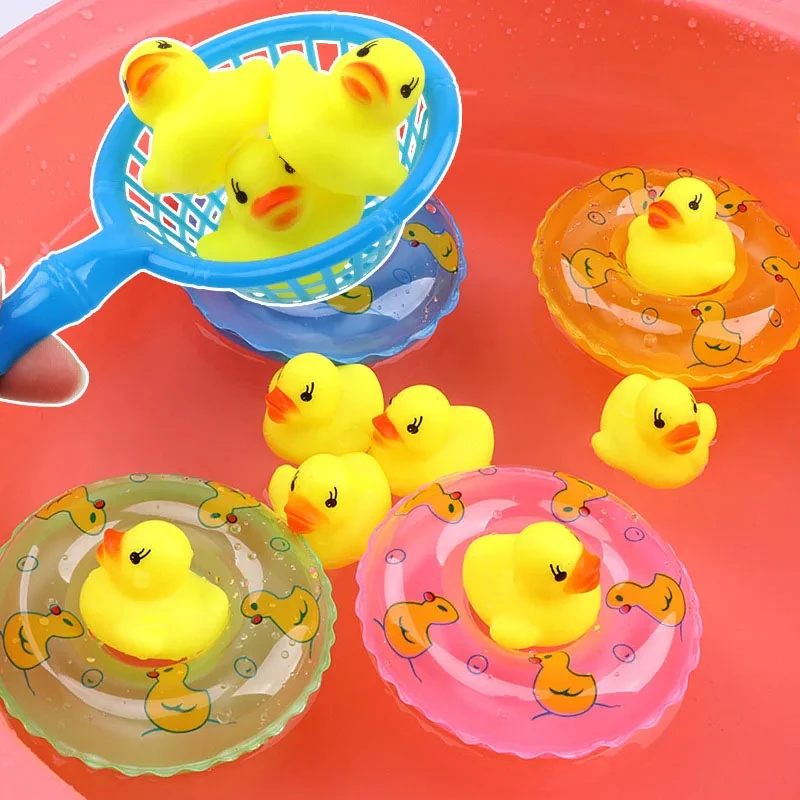 Juguetes de baño flotantes para niños, Mini anillos de natación, patos amarillos de goma, red de pesca, lavado, natación, juguetes para niños pequeños, diversión con agua