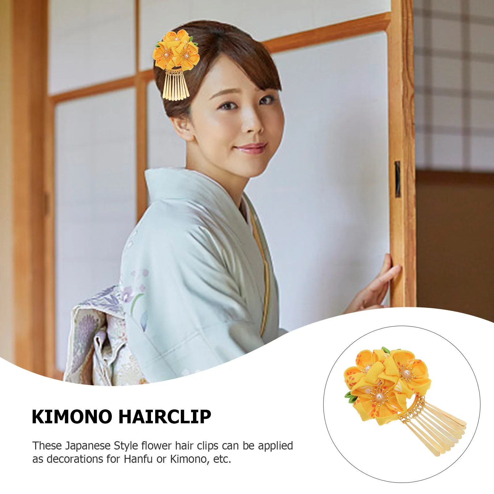 

Yellow Tassel Flower Hair Clip Japanese Style Hanfu Kimono Hair Accessory for Weddings Parties Photography Cosplay