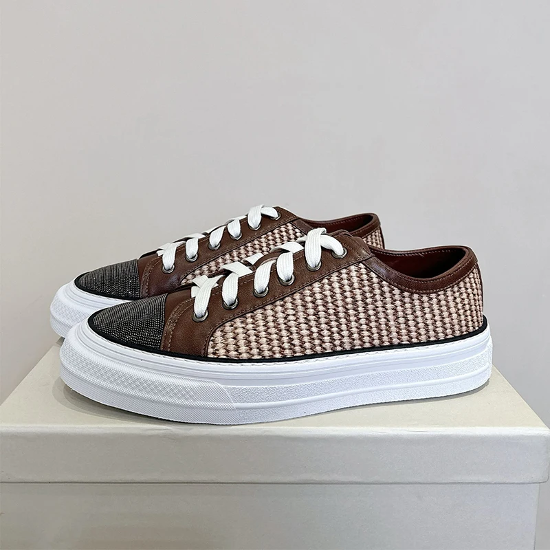 Scarpe basse con fondo spesso con lacci e perline Scarpe casual con design intrecciato in vera pelle Scarpe da passeggio autunnali primaverili unisex
