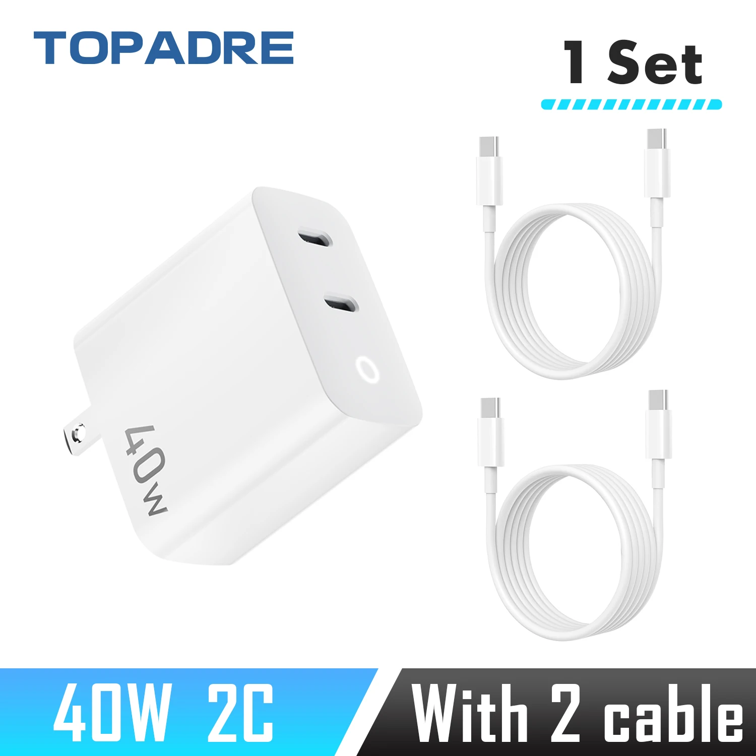 شاحن سريع 40 وات بمنفذين USB-C من النوع C GaN مع ضوء شحن، كتلة شحن سريعة مع كابل شحن من النوع C 3.3 قدم لهاتف IPhone