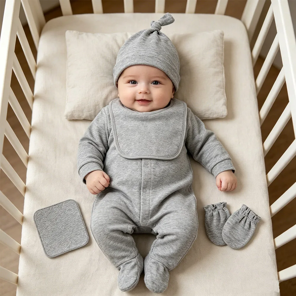 0-12M Baby Set Newborn Baby Boy Girl Clothing 100% Cotton Long Sleeve Cute Plain White Yellow Red Pink Blue Rompers Hat Bib Suit