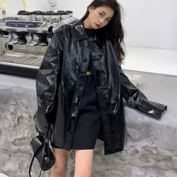 2023 Loose Casual Black Glossy Leather Coat Turn-down Collar Waterproof Single Breasted Leather Coat Pocket Fashion Women's Coat