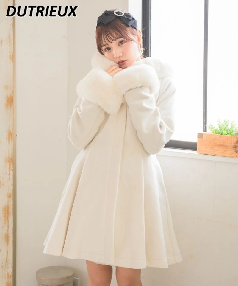 Popular Japanese Rojita Clothes Sweet Bow Woolen Coat Hooded Snowball Winter Thicken Warm Jacket Wool Coat Women Casaco Feminino