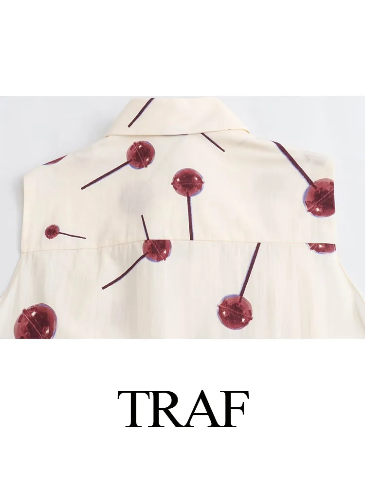 Traf-女性のノースリーブラペルプリントドレス,シングルブレストドレス,シックなレースアップ,ヴィンテージスタイル,シャツドレス,ルーズ,新品,2024
