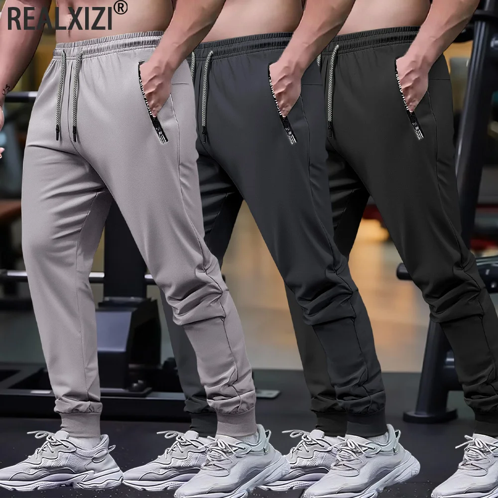 

Men's Casual Pants Sweatpants Side Zipper Pockets Men Quick-Drying Gym Fitness Elastic Waist Beam Feet Pants Sports Trousers
