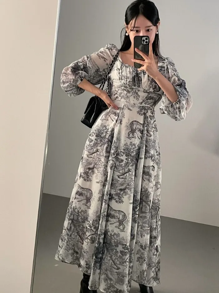 East Gate Ins Retro Padrão Abstrato Vestido Longo F Senhorilhante Manga Sino Vestido Estampado Floral Primavera Outono...