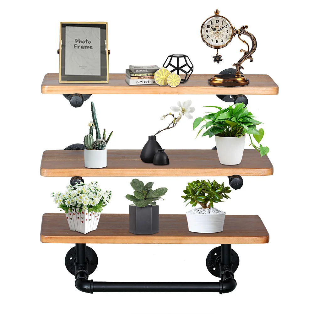 DIY 3-Tier Floating Wood Shelves on Industrial Metal Pipes Wall Mounted Storage Rack Industrial Aged[US-Stock]